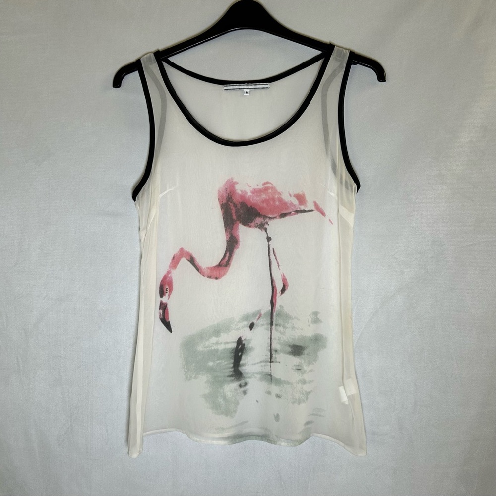 Silvian Heach Sheer Sleeveless Blouse Tank Top Cream Pink Flamingo Graphic. M
